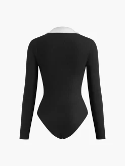 COMMENSE Bodysuits|Tops^Contrast Binding V-Neck Long Sleeve Bodysuit Black