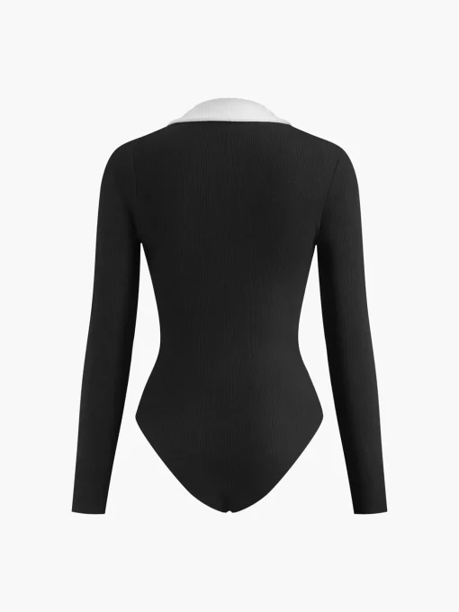 COMMENSE Bodysuits|Tops^Contrast Binding V-Neck Long Sleeve Bodysuit Black