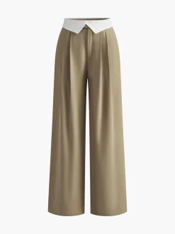 COMMENSE Pants|Bottoms^Contrast Binding Wide-Leg Pants Khaki