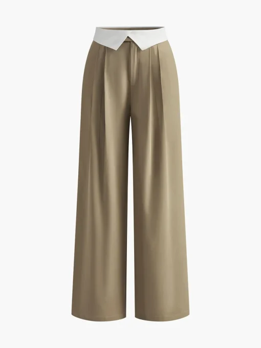 COMMENSE Pants|Bottoms^Contrast Binding Wide-Leg Pants Khaki