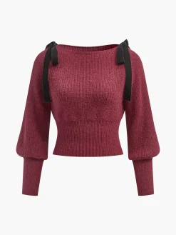 COMMENSE Knitwear|Tops^Contrast Bow Cinched Waist Sweater Burgundy