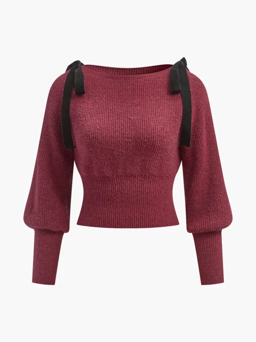 COMMENSE Knitwear|Tops^Contrast Bow Cinched Waist Sweater Burgundy