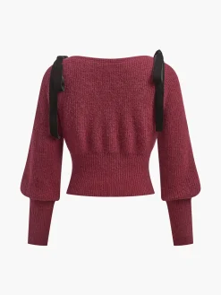 COMMENSE Knitwear|Tops^Contrast Bow Cinched Waist Sweater Burgundy