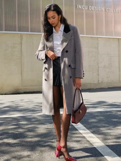 COMMENSE Outerwear|Coats^Contrast Collar Belted Tweed Coat Grey