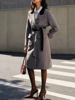 COMMENSE Outerwear|Coats^Contrast Collar Belted Tweed Coat Grey