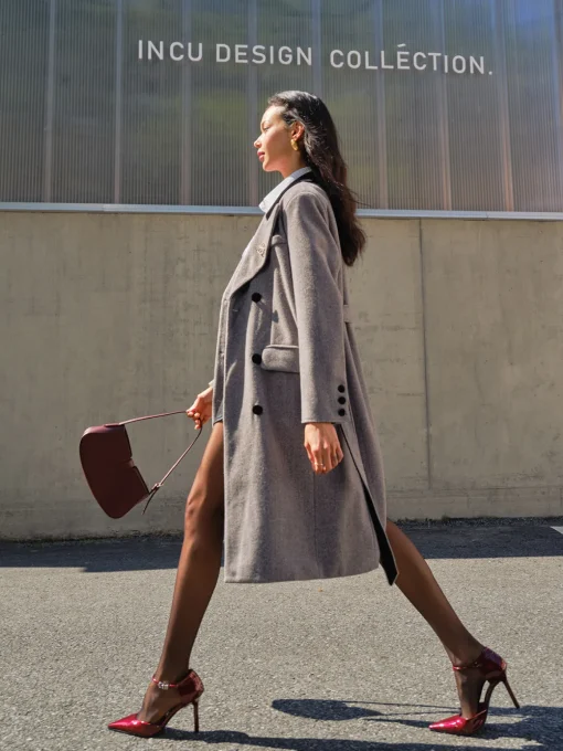COMMENSE Outerwear|Coats^Contrast Collar Belted Tweed Coat Grey