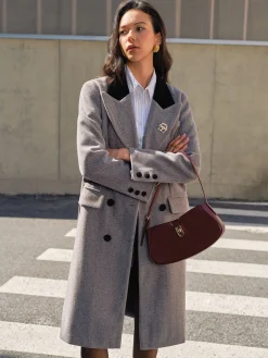 COMMENSE Outerwear|Coats^Contrast Collar Belted Tweed Coat Grey