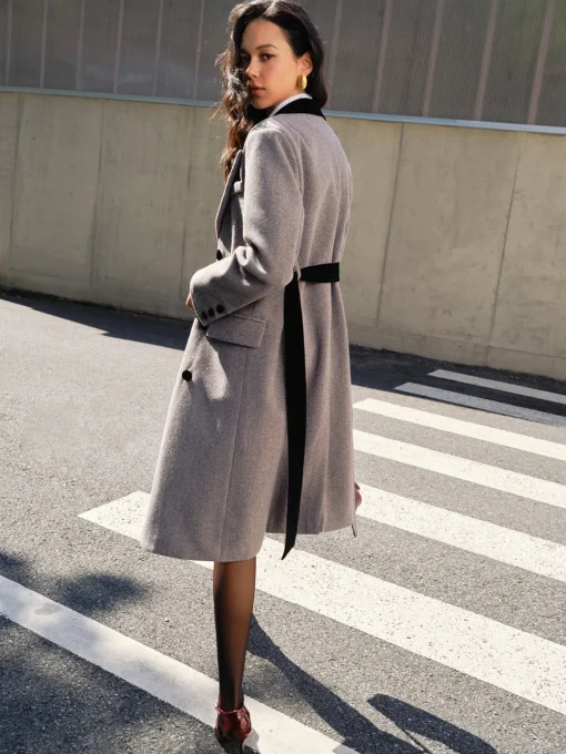 COMMENSE Outerwear|Coats^Contrast Collar Belted Tweed Coat Grey