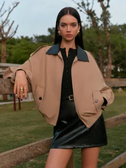 COMMENSE Outerwear|Tops^Contrast Collar Zipper Jacket Khaki