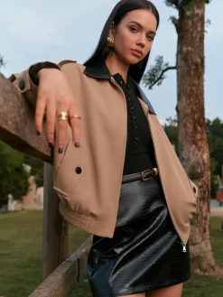 COMMENSE Outerwear|Tops^Contrast Collar Zipper Jacket Khaki