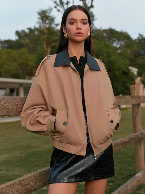 COMMENSE Outerwear|Tops^Contrast Collar Zipper Jacket Khaki