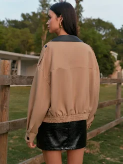 COMMENSE Outerwear|Tops^Contrast Collar Zipper Jacket Khaki