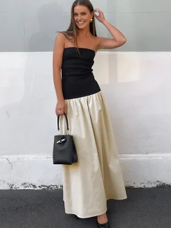 COMMENSE Casual Dresses|Work Dresses^Contrast Color Tube Long Dress Apricot
