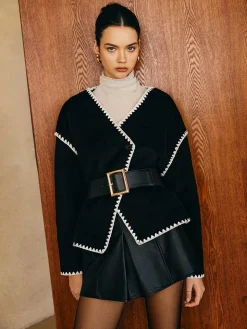 COMMENSE Outerwear|Tops^Contrast Embroidered Trim Tweed Coat Black