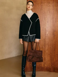 COMMENSE Outerwear|Tops^Contrast Embroidered Trim Tweed Coat Black