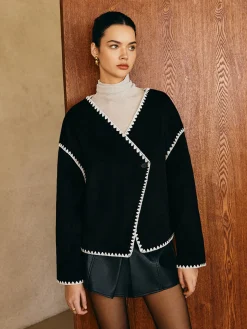 COMMENSE Outerwear|Tops^Contrast Embroidered Trim Tweed Coat Black