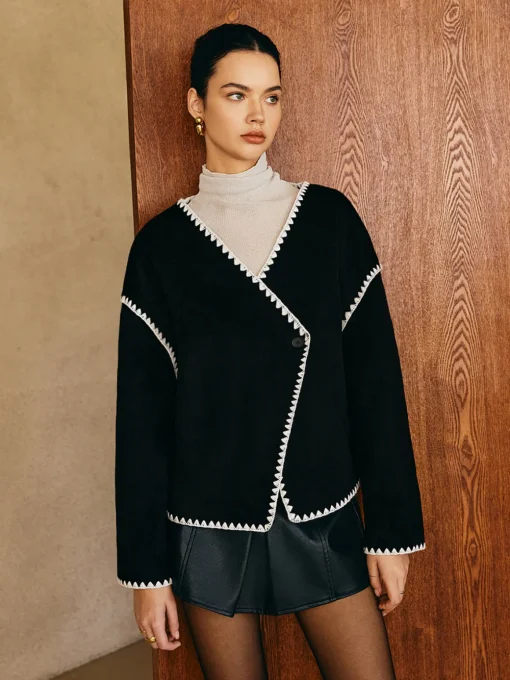 COMMENSE Outerwear|Tops^Contrast Embroidered Trim Tweed Coat Black