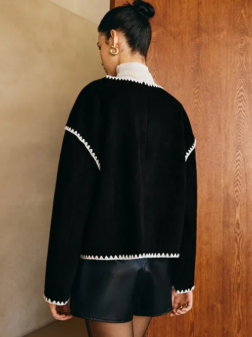 COMMENSE Outerwear|Tops^Contrast Embroidered Trim Tweed Coat Black