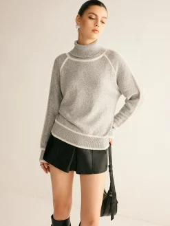 COMMENSE Sweater Tops|Sweaters & Cardigans^Contrast Piping Turtleneck Sweater Grey