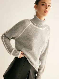 COMMENSE Sweater Tops|Sweaters & Cardigans^Contrast Piping Turtleneck Sweater Grey