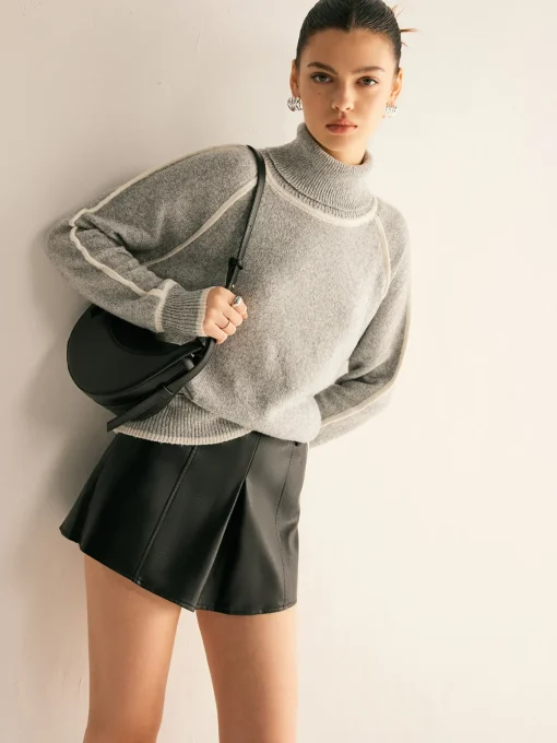 COMMENSE Sweater Tops|Sweaters & Cardigans^Contrast Piping Turtleneck Sweater Grey