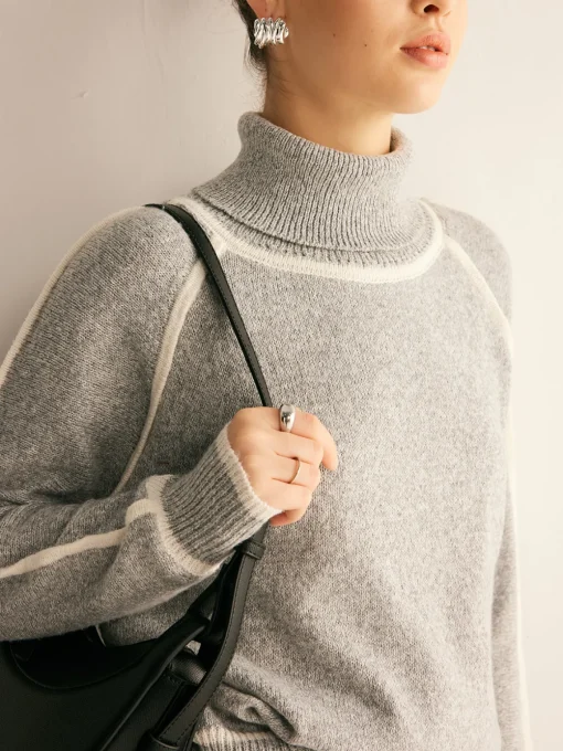 COMMENSE Sweater Tops|Sweaters & Cardigans^Contrast Piping Turtleneck Sweater Grey