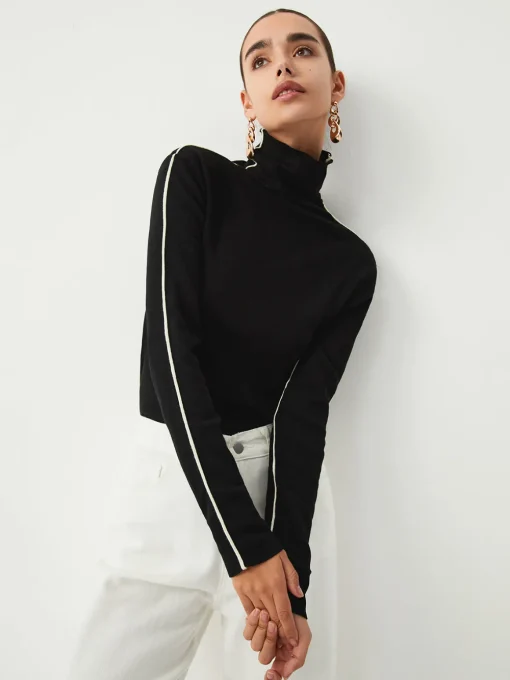 COMMENSE Tank Tops & Camis|Tops^Contrast Piping Turtleneck Long Sleeve Top Black