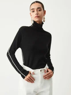 COMMENSE Tank Tops & Camis|Tops^Contrast Piping Turtleneck Long Sleeve Top Black