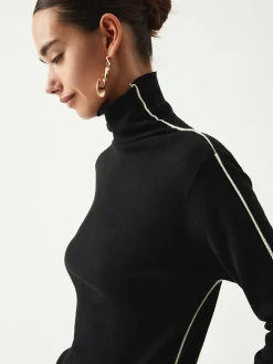 COMMENSE Tank Tops & Camis|Tops^Contrast Piping Turtleneck Long Sleeve Top Black
