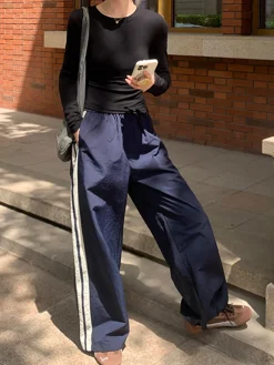 COMMENSE Pants|Bottoms^Contrast Side Trim Drawstring Pants Blue