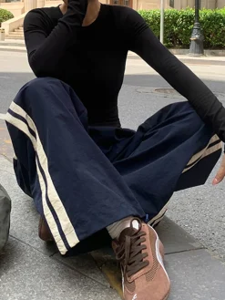 COMMENSE Pants|Bottoms^Contrast Side Trim Drawstring Pants Blue