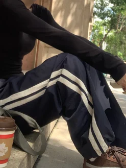 COMMENSE Pants|Bottoms^Contrast Side Trim Drawstring Pants Blue
