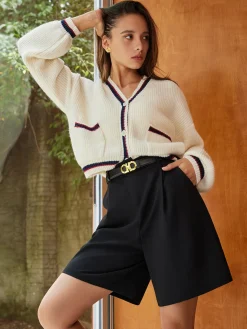 COMMENSE Cardigans|Sweaters & Cardigans^Contrast Trim Button Pockets Cardigan Apricot