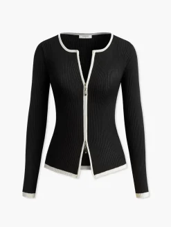COMMENSE Sweater Tops|Sweaters & Cardigans^Contrast Trim Double-Zipper Knit Top Black