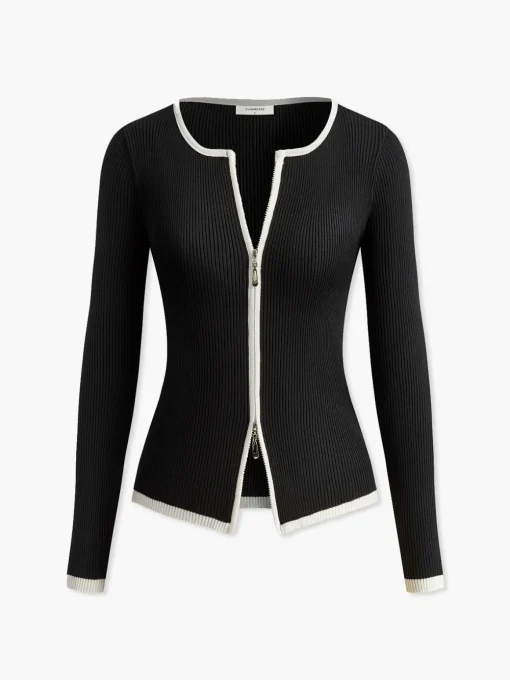 COMMENSE Sweater Tops|Sweaters & Cardigans^Contrast Trim Double-Zipper Knit Top Black