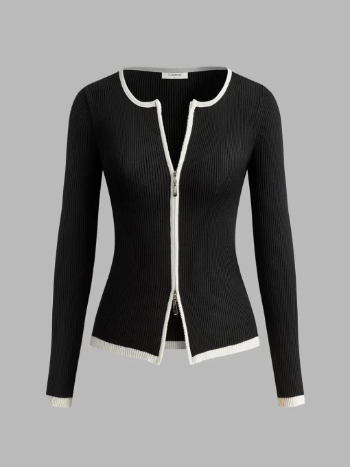 COMMENSE Sweater Tops|Sweaters & Cardigans^Contrast Trim Double-Zipper Knit Top Black