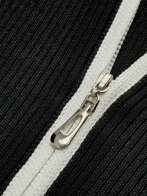 COMMENSE Sweater Tops|Sweaters & Cardigans^Contrast Trim Double-Zipper Knit Top Black