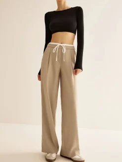 COMMENSE Pants|Bottoms^Contrast Trim Drawstring Pants Apricot