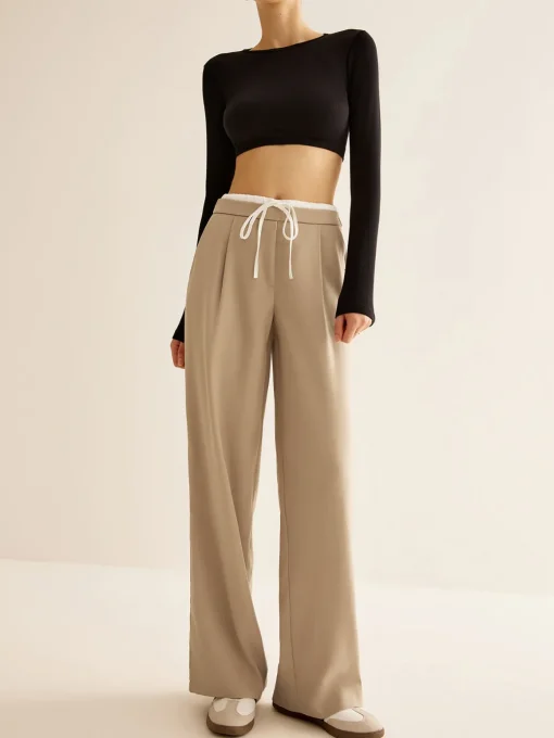COMMENSE Pants|Bottoms^Contrast Trim Drawstring Pants Apricot