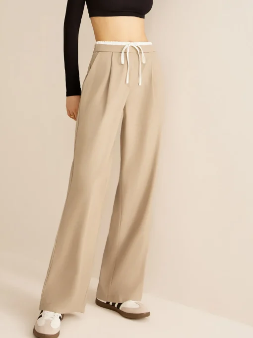 COMMENSE Pants|Bottoms^Contrast Trim Drawstring Pants Apricot