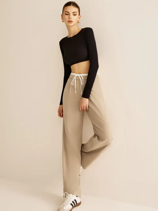 COMMENSE Pants|Bottoms^Contrast Trim Drawstring Pants Apricot