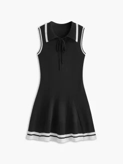 COMMENSE Black Dresses|Sweater Dresses^Contrast Trim Lace Up Sweater Dress Black