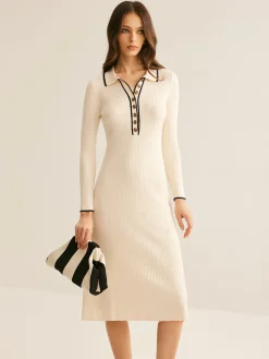 COMMENSE Sweater Dresses|Work Dresses^Contrast Trim Lapel Sweater Dress Apricot