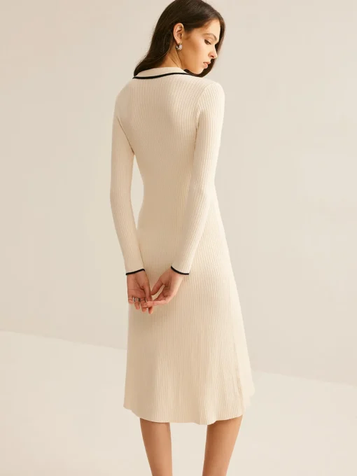 COMMENSE Sweater Dresses|Work Dresses^Contrast Trim Lapel Sweater Dress Apricot