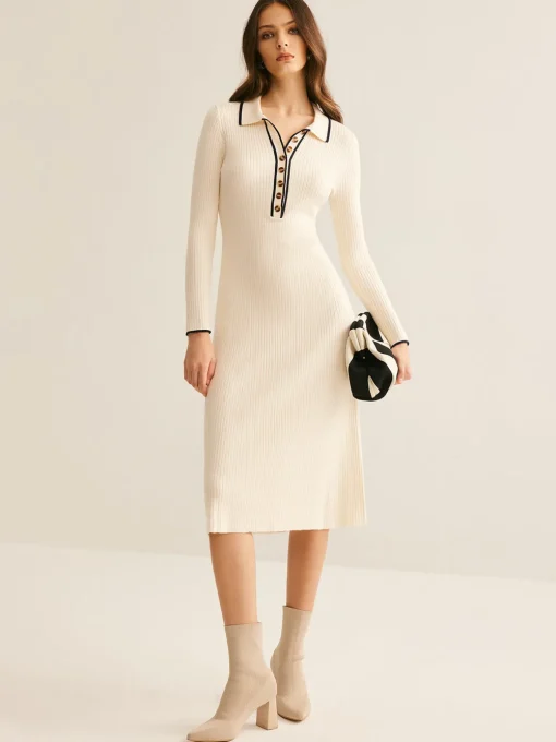 COMMENSE Sweater Dresses|Work Dresses^Contrast Trim Lapel Sweater Dress Apricot