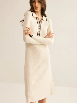 COMMENSE Sweater Dresses|Work Dresses^Contrast Trim Lapel Sweater Dress Apricot