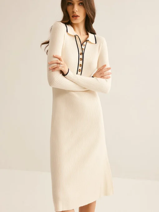 COMMENSE Sweater Dresses|Work Dresses^Contrast Trim Lapel Sweater Dress Apricot