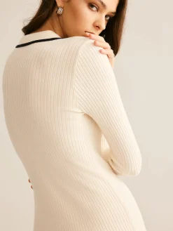 COMMENSE Sweater Dresses|Work Dresses^Contrast Trim Lapel Sweater Dress Apricot