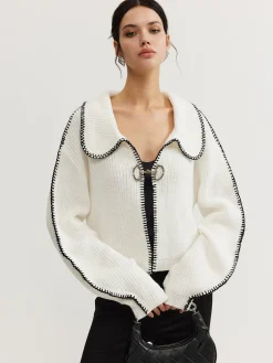 COMMENSE Sweater Tops|Sweaters & Cardigans^Contrast Trim Magnet Closure Knit Top White