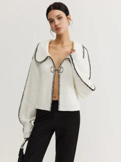 COMMENSE Sweater Tops|Sweaters & Cardigans^Contrast Trim Magnet Closure Knit Top White